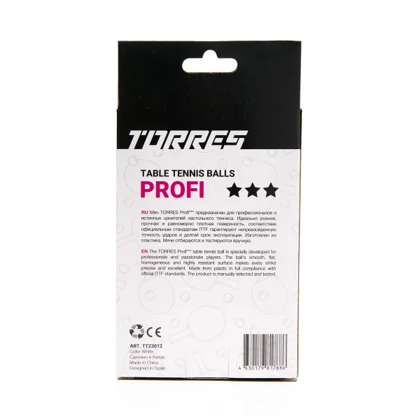 Мяч для наст. тенниса TORRES Profi 3*, TT23012, диам. 40+мм, упак. 6 шт, белый за 338.30 ₽ в Владимире